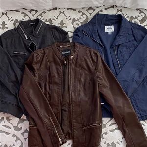 3 Jackets. Brown Leather, Gray, and Dark Blue